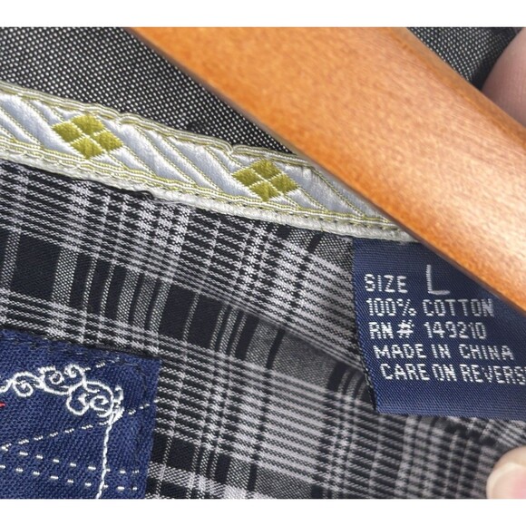 English Hero Men’s Large Shirt Eminence Black Button Up Geometric Cuff Pocket - Picture 6 of 11